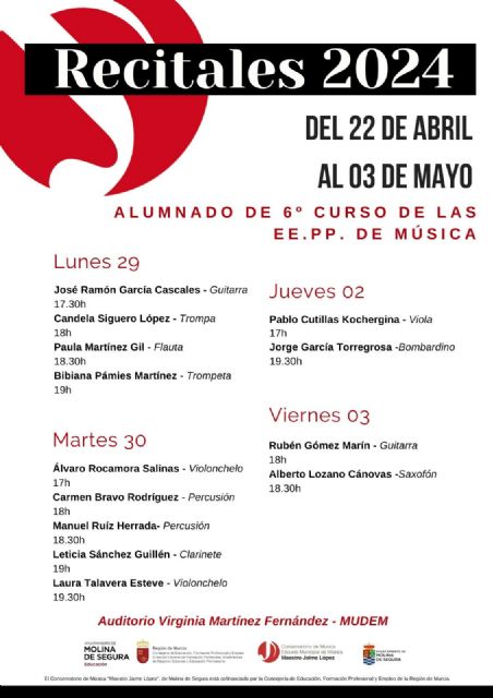 El Conservatorio de Música Maestro Jaime López de Molina de Segura organiza 32 recitales de alumnado de sexto curso de Enseñanzas Profesionales del 22 de abril al 3 de mayo