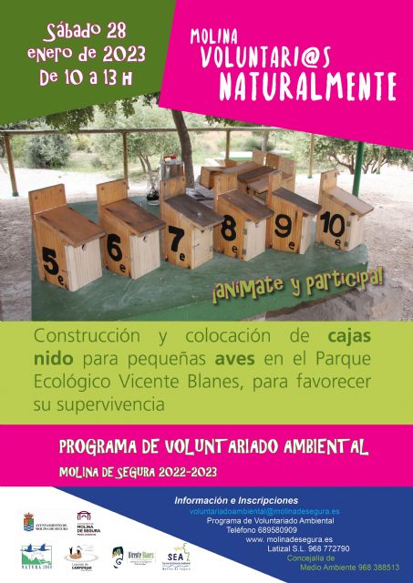 El Programa de Voluntariado Ambiental ¡Molina, Voluntari@s Naturalmente! propone la colaboración en la construcción y colocación de cajas nido para pequeñas aves en el Parque Ecológico Vicente Blanes el sábado 28 de enero