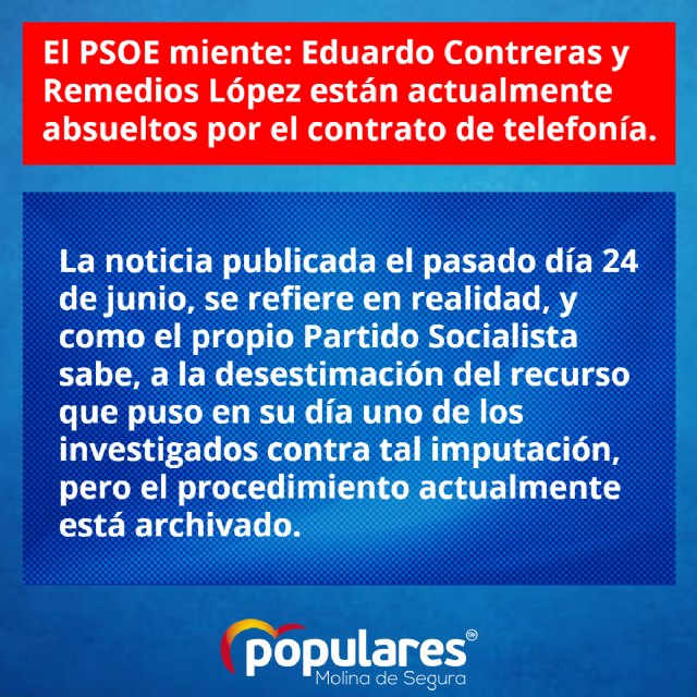 PP: 'El PSOE miente. Eduardo Contreras y Remedios López están actualmente absueltos por el contrato de telefonía'
