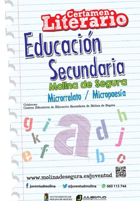 La Concejalía de Juventud de Molina de Segura convoca el XXVI Certamen Literario de Educación Secundaria 2017 en las modalidades de Microrrelato y Micropoema