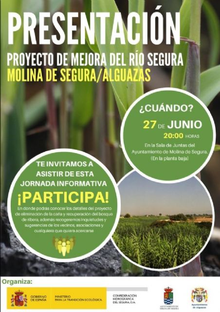 El proyecto de recuperación ambiental del Río Segura, en el tramo comprendido entre los Sotos Los Álamos y La Hijuela, se presenta hoy miércoles 27 de junio en Molina de Segura