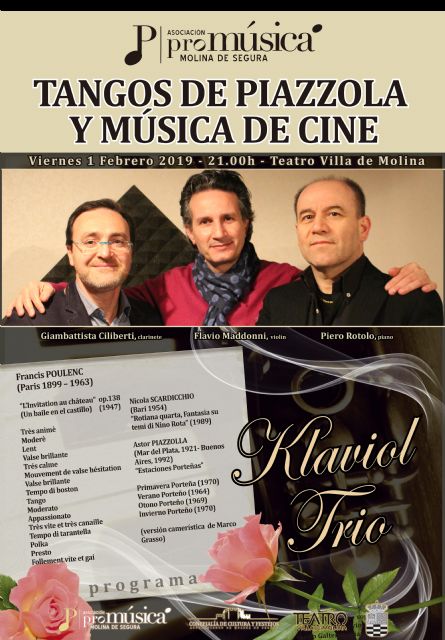 Trío Klaviol interpreta el concierto TANGOS DE PIAZZOLLA Y MÚSICA DE CINE el viernes 1 de febrero en el Teatro Villa de Molina